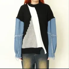ダメージデニム袖配色ニットプルオーバー