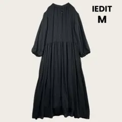 IEDIT ロングワンピースAライン　 M ドットジャガード　灰色 ボリューム袖