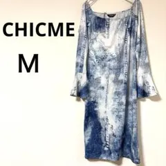 【CHICME】だまし絵 デニムプリント ベルスリーブ ワンピース M ゆるだぼ