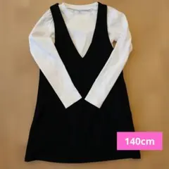 GU　ネイビーVネックジャンバースカート　長袖リブセット 140