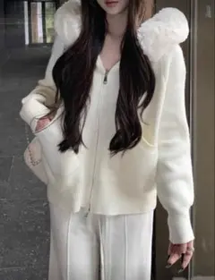 SHEIN ニットパーカー ファー ホワイト Mサイズ