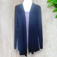 vis ネイビー×ホワイト 異素材 ロングカーディガン F スリット入り 555