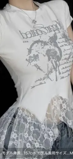 レースフリルイレヘムプリントTシャツ　ホワイトのサムネイル