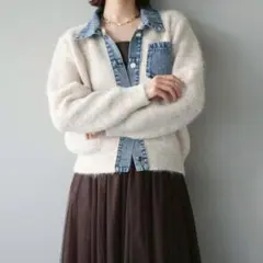 デニム襟ポケットニットカーディガン　アイボリー　lumier