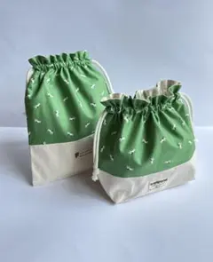 給食袋お弁当袋 2点セット いぬ柄 グリーン ナチュラル 入園入学 ハンドメイド
