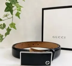 GUCCI スクエアGバックル ネイビー牛革ベルト イタリア製 - メルカリ