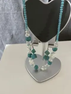 ターコイズビーズ 2連ネックレス ピアスのセット