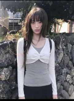 韓国風 Vネック 2 in 1 長袖Tシャツ レディース 初春 スリムフィット
