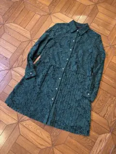 ZARA BASIC ダークグリーン レースワンピース シアー プリーツ