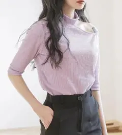 肩見え五分ハーフネックリブＴシャツ