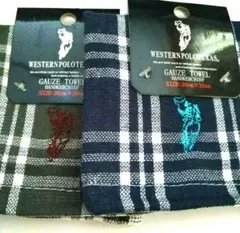 ウエスタンポロ紳士メンズ定番ガーゼハンカチ チェック柄2枚 グレー、ネイビー