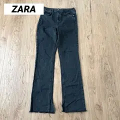 ZARA ブラックデニム フレアパンツ スリット入り ダメージ加工 38
