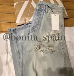 ZARA】32 ○#TRF ダメージ加工バギーミッドライズデニムパンツ