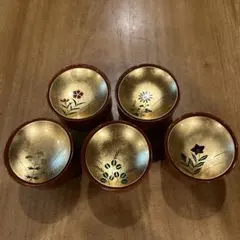 金箔　朱　四季花絵付　吸物椀　山中漆器　5個のサムネイル