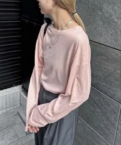 feepur スラブ調オーバーシアートップス 長袖Tシャツ ピンク Mのサムネイル