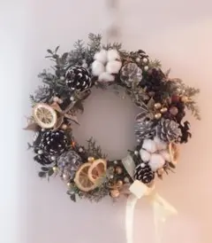 コットンと賑やかな森のクリスマスリース シャリンバイ 野バラの実
