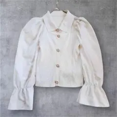 ノット ブラウス パールボタン リブ パフ袖(M) フレア ニット 上品 春