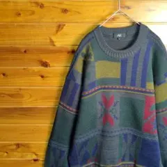 【訳あり】　ニット　セーター　幾何学模様　マルチカラー　緑　黄土　グレー　紺　赤