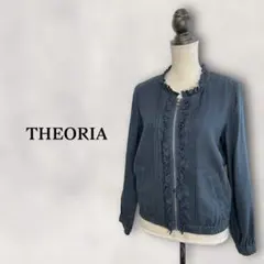 【セオリア】リネン60% フリルカラー ノーカラージャケット　ジップアップ