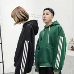 ビッグシルエット 長袖 ライン パーカー/緑 ◆韓国 オルチャン♪