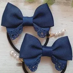 ネイビーレース　グログランリボン　キッズヘアゴム　ハンドメイド　子供　MEI