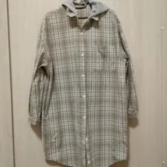 フード付きベージュ系チェックシャツワンピース
