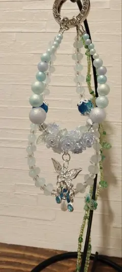 ハンドメイド 青系ビーズ 携帯ストラップ