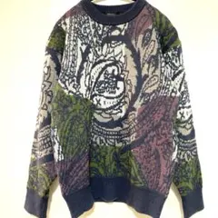 ウール　デザインニット　大柄ペイズリー　Lサイズ　セーター　マルチカラー　総柄