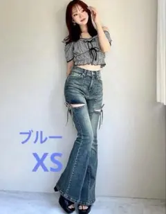 RESEXXY リゼクシー　カットアウトリボンデニムパンツ ブルー XSサイズのサムネイル