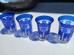 青いエッチングデザインのグラス4個セット　【切り子グラス】