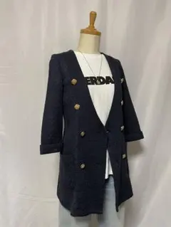 ネイビー ダブルボタン ノーカラージャケット