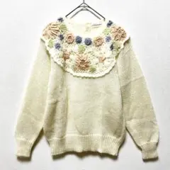 Le fumoir ニット セーター 長袖 ラウンドネック 花モチーフ パール