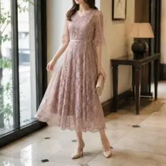 【DRESS＋】　新品 総レース プリーツ Aライン ワンピース ピンク リボン