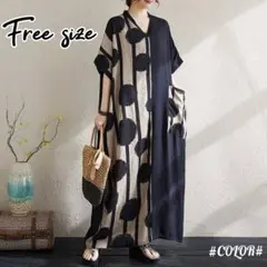 【夏ワンピ】 ロングワンピ 和柄 Vネック ゆったり 涼しげ 半袖 着痩せ◎