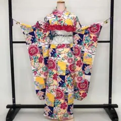 振袖フルセット 成人式 ポリ 黄色 草履バック付き 花柄　裄68cm S138