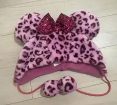 ミニーマウス風ピンクヒョウ柄帽子