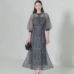 Leja マーメイドシルエットキャミワンピースリボン付きシアーパフスリーブ　S