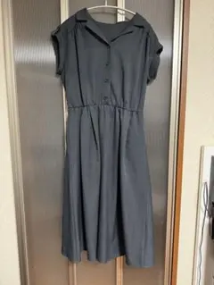 VISダークグレー 半袖 シャツワンピース ウエストリボン付き