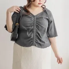 CLETTE 肩リボンギャザー半袖リブプルオーバー 大きいサイズ トップスのサムネイル
