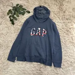 6660✾ギャップ✾プルパーカー【L】ネイビー/裏起毛/ロゴ刺繍/アメリカ国旗