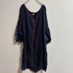ラジ 刺繍 チュニック Vネック 七分袖 紺 XL 綿 レーヨン 旅行