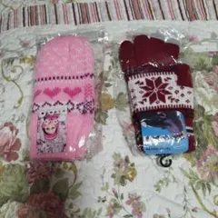 ピンクハートと赤雪の結晶手袋セット