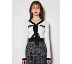 rienda 配色リボンニットカーデ WHT