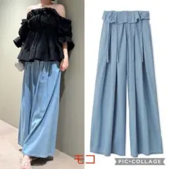 新品タグ付　ウエストデザインボリュームワイドパンツ　ライトブルー
