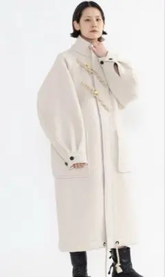 極美品 ハイク ダッフルコート ロング ヘリンボーン メルトン 白トグル 黒 M セール】360度お洒落見え。ボリュームスリーブ トグルボタン