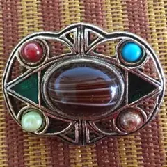 アンティーク風 美品天然サードニクス カボション マルチカラーブローチ 送料込