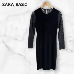 ZARA BASIC ベロア調 レース ワンピース 黒 S パーティ 結婚式