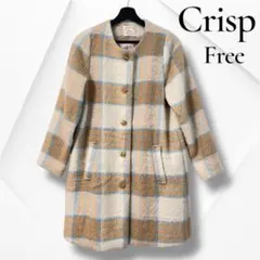 美品✨　Crisp チェック　ロングコート　クリスプ　丸首　ボタン　ベージュ