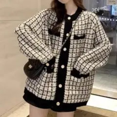 SHEIN チェック ニットカーディガン ブラック ホワイト