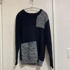 ネイビー グレー パッチワーク ニットセーター